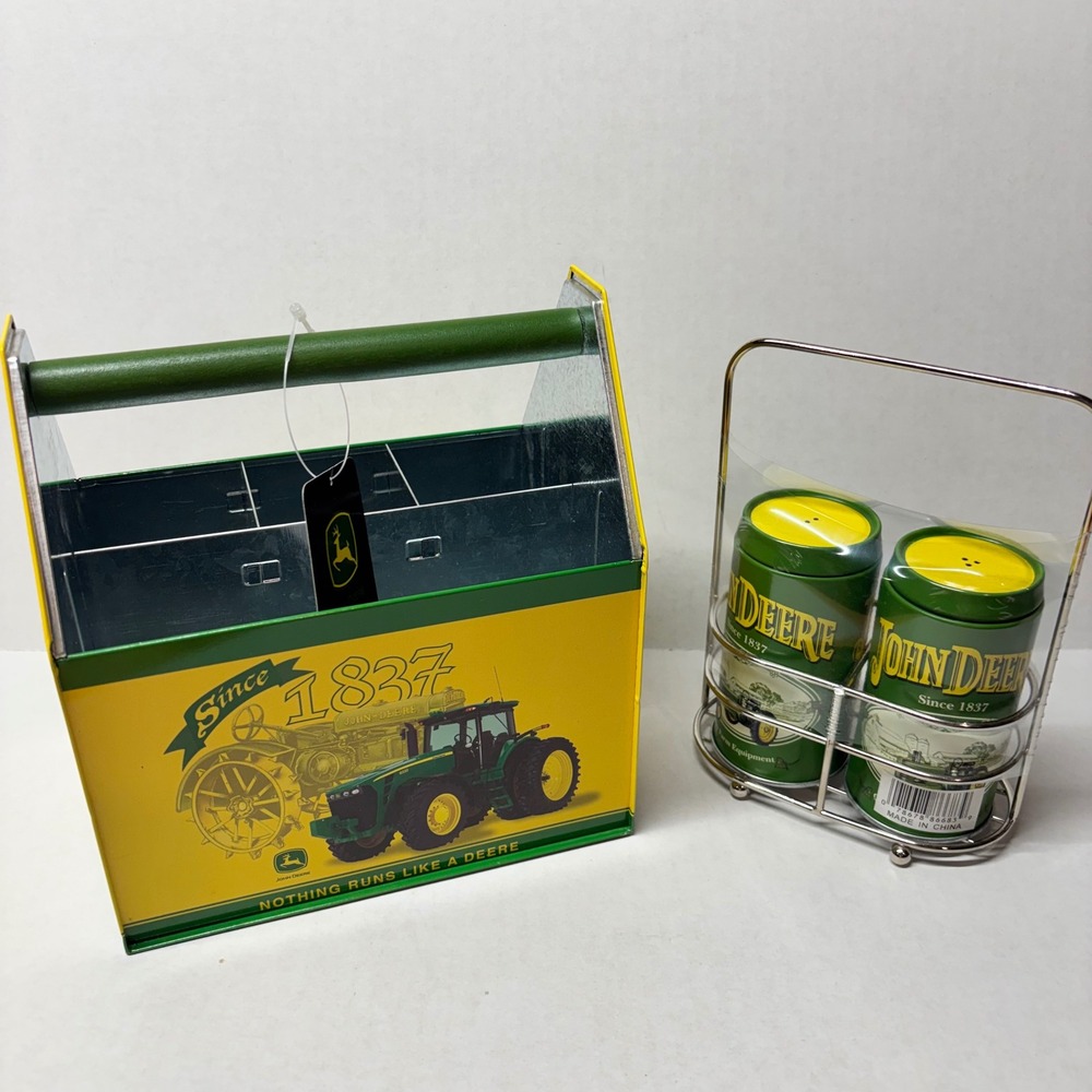 New John Deere Utensil Caddy Salt and Pepper Shaker Set Green Yellow Metal